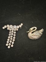 Group shot of two brooches: swan and rhinestone tassel