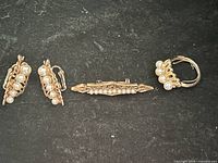 Set laid out showing brooch, earrings, ring