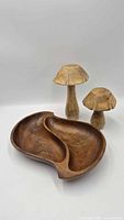 Divided tray with two wooden mushrooms