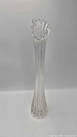 Full view of clear ribbed swung glass vase showing height and rim detail