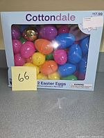 Front view of Cottondale box showing multicolor plastic Easter eggs and product details