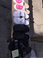 All four pairs lined up on bench outdoors