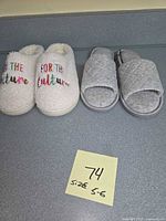 Top view of both slipper pairs showing uppers, embroidery and quilted design