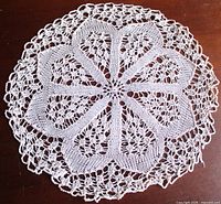 Full view of circular crochet doily showing pattern and edge