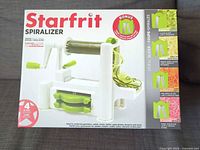Front of Starfrit spiralizer retail box showing product image and blade count