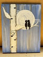 Full view of acrylic painting showing birch tree, birds, moon, and background