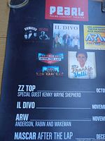 Top portion showing Pearl Palms Concert Theater logo and images of ZZ Top, Il Divo, ARW, NASCAR After The Lap, Frankie Valli