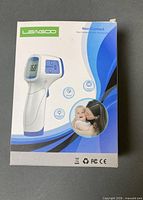 Front of retail box showing Leagoo non-contact infrared thermometer