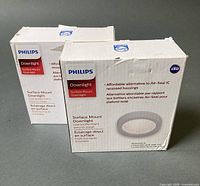 Front view of two sealed Philips downlight boxes