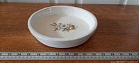 Angled view of dish showing speckled glaze and fruit decal