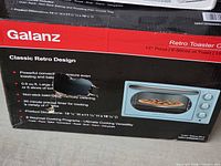 Front of Galanz Retro Toaster Oven box showing product image and specifications