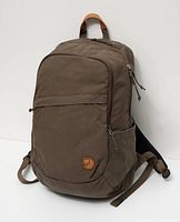 Front view of dark olive Fjällräven Raven 20L backpack showing logo patch, front pockets, overall condition