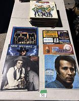 Top view of stack of approximately 50 LPs with several front covers displayed including Tom Jones, Hank Williams Jr., Herb Alpert