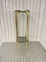Full front view of tall gold metal plant stand with two smoked glass shelves