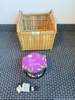 Basket and LED string light reel front view