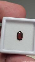 Front view of oval red spinel in display box