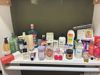 Full shelf overview showing all assorted personal-care items