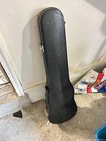 Closed black hard shell shaped violin case