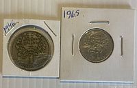 Front of both coins in flips showing dates 1946 and 1965