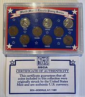 Front of SSCA World War II Lincoln Penny Series case showing nine coins and years