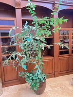 Full view of artificial plant arrangement in brown pot