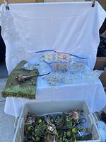 Overall lot with lace panel, ribbon, zip bags of ornaments, bird accent and bin of greenery