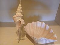 Spiral resin shell on clear acrylic stand beside fluted shell bowl