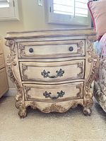 Full view of ornate Pulaski three-drawer nightstand
