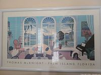 Full view of framed Thomas McKnight Palm Island, Florida print in white glossy frame