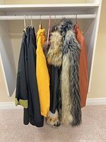 Six coats hanging on rail showing colors and variety