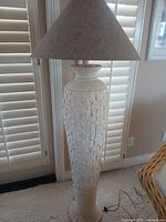 Full view of ceramic mosaic floor lamp with shade