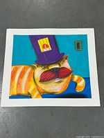 Full view of artwork showing cat with top hat, colors and signature