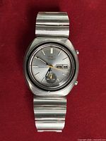 Front view of Seiko chronograph watch showing dial, case, bracelet