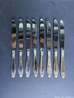 Eight dinner knives laid out showing full length of blades and handles