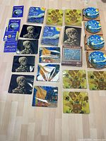 Overview of all Van Gogh notebooks, placemats, puzzle and coasters laid out