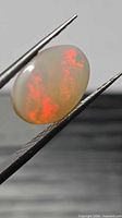 Oval opal cabochon held by tweezers exhibiting red play-of-color