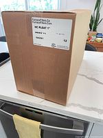 Closed shipping carton with manufacturer label showing size, model, MERV rating, quantity