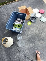 Overview of lot on driveway: lamp, totes with plates and linens, cardboard box with plates