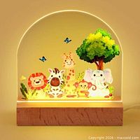 Front view of acrylic safari animal night light on wood base