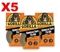 Front view showing three of the five Gorilla Tape To-Go packs, brand name, size 1 in x 10 yd, quantity 5 indicated