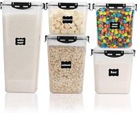 Front view of five clear plastic containers filled with sample foods, showing sizes and locking lids
