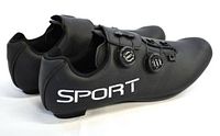 Side view of both black cycling shoes showing SPORT branding and dial closures