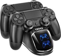 Front view of OIVO dual charging dock with two PS4 controllers shown for illustration