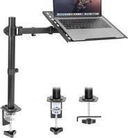 Marketing image of black adjustable laptop desk mount with tray and clamp and grommet bases