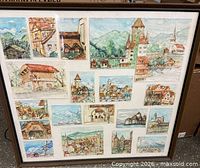 Full view of framed collage showing all miniature paintings in wood frame