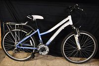 Full left-side view of bicycle showing frame, wheels, rack