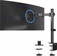 Marketing image showing monitor arm holding curved display