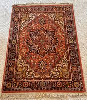 Full view of area rug showing pattern, colours, fringe