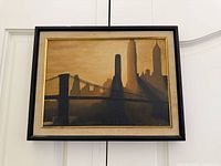 Full view of framed Brooklyn Bridge cityscape painting