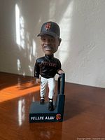 Front view of Felipe Alou bobblehead showing attire, base text and SF logo